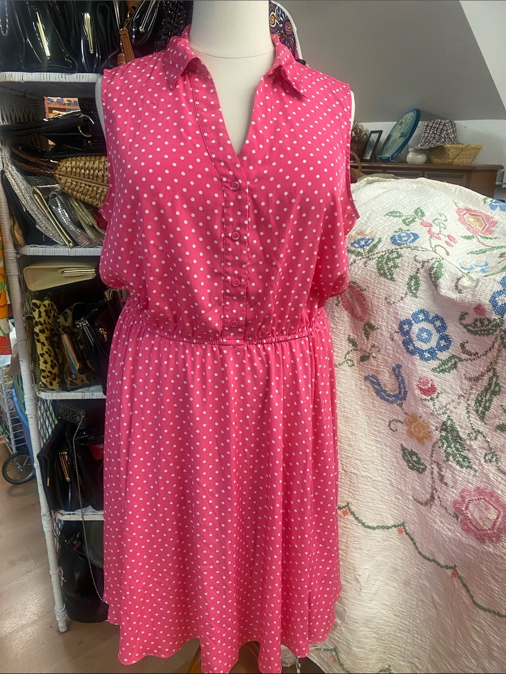 Charter Club - Retro Style-Pink Polka Dot Sleeveless Midi Dress - size 22